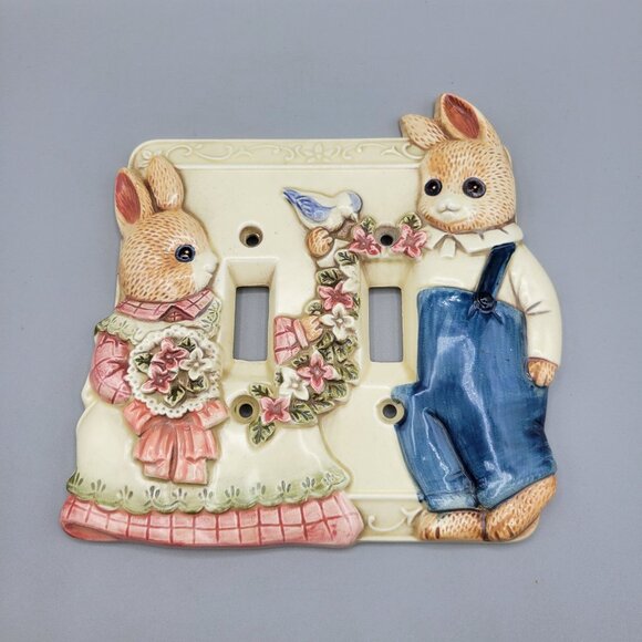 Takahashi Mr Mrs and Baby Bunnies Rabbits Light Switch Covers Ceramic Japan - Picture 5 of 8
